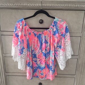 Lilly Pulitzer Pink and Blue Floral Blouse with Lace